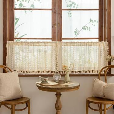 Imagem de Sutuo Home Cortinas Curtas Bege Boho para Janela de Cozinha Sobre a Pia, Renda Transparente Crochê Boêmio Valance Privacidade Vintage Chique Borlas Rústico Pequena Janela Decoração Bolso de Haste, 2