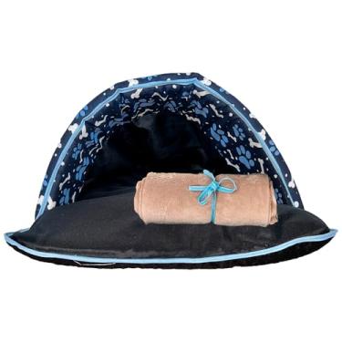 Imagem de Cama Iglu 2 em 1 com Saco de Dormir e Mantinha Pet, Impermeável, Paw Print, 70x45x32cm, Kit 2 Peças para Cães e Gatos de Porte Pequeno e Médio (Azul Marinho e Avelã)