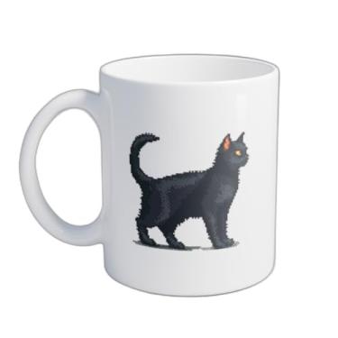 Imagem de Caneca Xícara de Café Porcelana 300ml Com Gato Preto Pixel Art