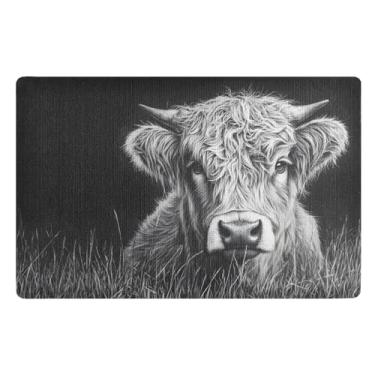 Imagem de Highland Cow Tapete de porta preto para entrada interna externa 81 x 50 cm tapetes de porta tapete de borracha tapete de entrada interna com suporte TPE para decoração de casa