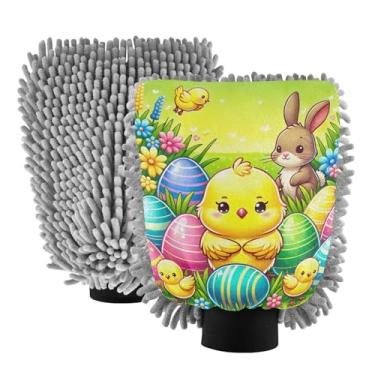 Imagem de ODAWA Luvas de lavagem de carro chenille, ovos de pintinho de páscoa verde luva de lavagem sem arranhões para carros, pacote com 2 20,5 x 30 cm