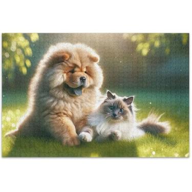 Imagem de Quebra-cabeça de cachorro Chow Chow gato fofo 1000 peças arte adulto brinquedo pintura paisagem quebra-cabeça elefante branco presentes engraçados, 75 x 40 centímetros