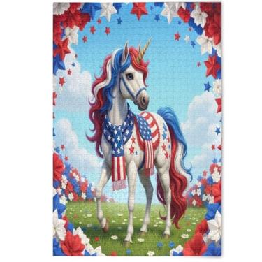 Imagem de Quebra-cabeça com bandeira americana de unicórnio fofo para adultos, 500 peças, pintura de arte floral decorativa, quebra-cabeças criativos para amantes, presentes para família, 500 peças, 52 x 37,8