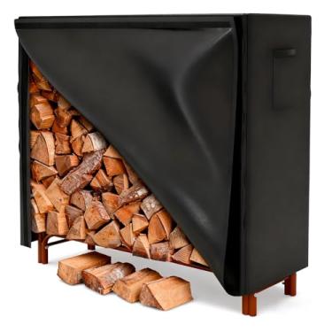 Imagem de XhuangTech Capa de lenha de 1,5 m, resistente à prova d'água, grande capacidade, suporte de madeira para ambientes externos e internos, para lareira, jardim, pátio, preto