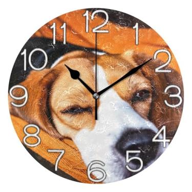 Imagem de GAIGEO Relógio de parede analógico decorativo redondo sem tique-taque silencioso para sala de aula, decoração de parede de sala de estar moderna, cachorro beagle marrom de desenho fofo, 25 cm
