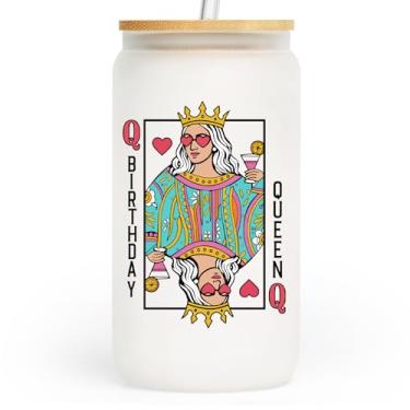 Imagem de Shqiueos Presentes de aniversário engraçados para mulheres copo de vidro fosco com tampa e canudo 325 ml