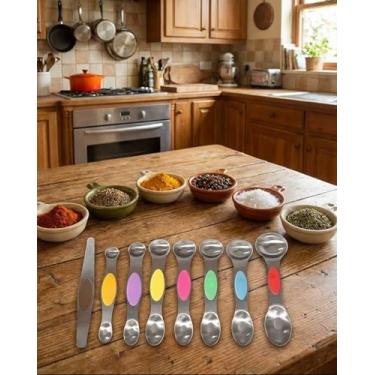 Imagem de Colheres de medição magnéticas, metal de aço inoxidável resistente, cabe na maioria dos potes de especiarias de cozinha para assar e cozinhar, sem BPA, conjunto de 8, multicolorido DJA272-03