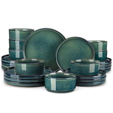 Imagem de vancasso Conjunto de pratos e tigelas estrelados para 8, 24 peças de louça verde para cozinha, conjunto de pratos de grés moderno, seguro para lava-louças e micro-ondas