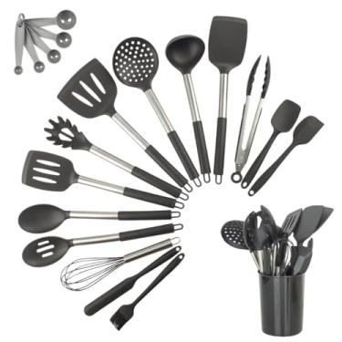 Imagem de Kit 15 Utensílios de Cozinha Silicone com Cabo Inox, Espátulas e Colheres Resistentes ao Calor, Conjunto Completo Antiaderente(Preto)