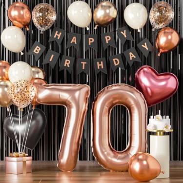 Imagem de Decorações de aniversário de 70 anos feminino ouro rosa e preto setenta balões rosa choque faixa feliz 70º ouro rosa número 70 balão para mulheres 70 anos decoração de festa de aniversário folha