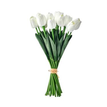 Imagem de Mikasa Flores artificiais de tulipas falsas, hastes de tulipas brancas com vegetação, conjunto de 20 flores de seda de plástico realistas, buquê de tulipas falsas para vaso de decoração de casa