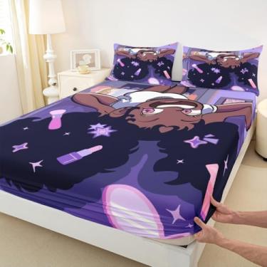 Imagem de Jogo de lençol casal casal de princesa negra, desenho afro-americano, cosméticos, meninos, meninas, decoração de quarto chique, estrela mágica, Y2K, roxo, 2 fronhas (não planas)
