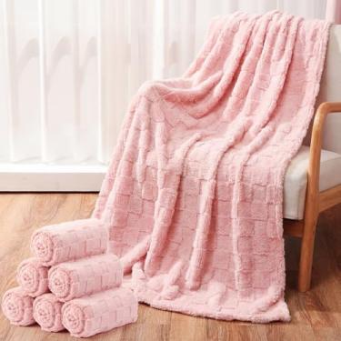 Imagem de Buryeah Pacote com 6 cobertores de lã a granel, 127 x 152 cm, cobertores de flanela xadrez 3D macios para sofá, cama, festa do pijama quente para presentes de sem-teto (rosa)