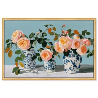 Imagem de Decoração de parede floral com impressão em tela Roses and Vases II por Art Remedy, moldura dourada, 76 x 50 cm