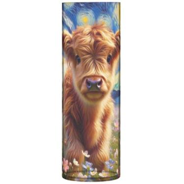 Imagem de Vasos cilíndricos decorativos florais de vaca Highland para noite estrelada para flores, vaso de plástico grande, decorações de outono personalizadas para casa, 30 cm x 9,9 cm