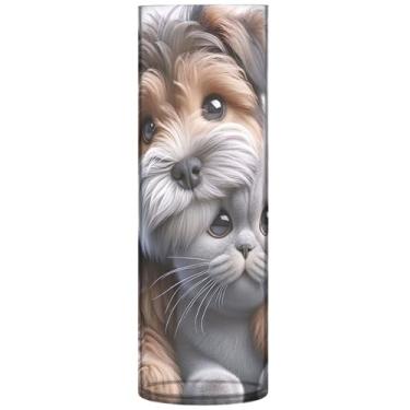 Imagem de Vaso cilíndrico vaso de flores terrier abraço de cachorro gatinho grande vaso de flores bonito personalizado floral decoração de outono para quarto, 30 cm x 9,9 cm