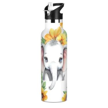 Imagem de Lindas garrafas de água brancas de flores de elefante com tampa de palha, garrafa de água isolada de aço inoxidável para meninas adolescentes 590 ml à prova de vazamento, copos infantis a vácuo de