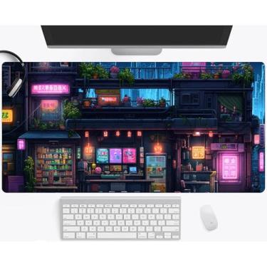 Imagem de Cyberpunk Modern City Ramen Shop Tapete de mouse grande para jogos, teclado de mesa, 2GG, mouse pad estendido para jogos, decoração de escritório, mouse pads para laptop (89,9 x 39,9 cm) com bordas