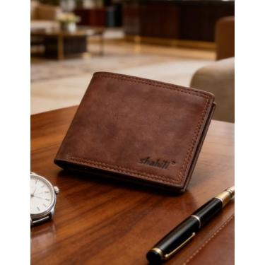 Imagem de Carteira masculina dobrável de couro curta, dobrável elegante para escritório (café escuro)