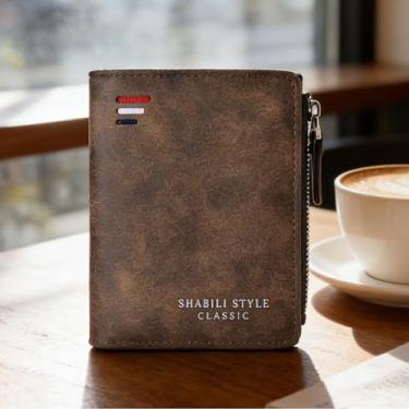 Imagem de Carteira masculina moderna marrom claro com alça horizontal de couro genuíno de grão cruzado, design fino com recurso de bloqueio de RFID