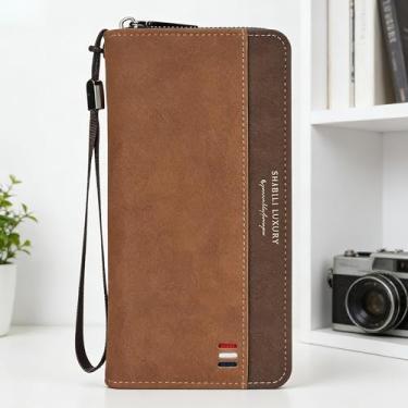 Imagem de Carteira masculina leve de camurça marrom claro de grande capacidade, design comercial de grande capacidade com encaixe, padrão listrado, camurça e estrutura leve