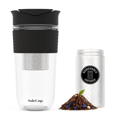 Imagem de SoleCup. Caneca de viagem grande infusor de chá solto - coador de chá removível com tampa à prova de derramamento - 530 ml sem BPA copo de café de viagem de vidro reutilizável com faixa de silicone