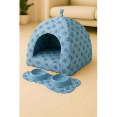 Imagem de Cama e Toca Pet 2 em 1 – Almofada Removível, Fundo Impermeável – Conforto para Cães e Gatos Pequenos e Médios(Azul Coroa + Tapete comedouro,M)