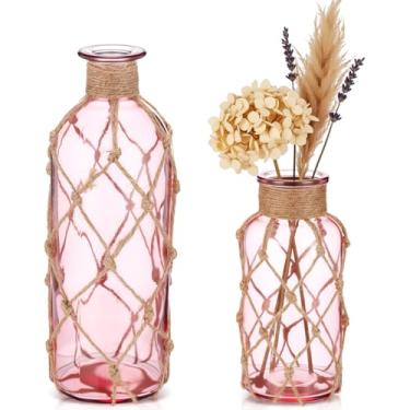 Imagem de Chuangdi Conjunto de 2 vasos de vidro costeiros para flores, pequeno vaso de flores com corda boho, garrafa decorativa de praia para mesa náutica costeira centro de mesa decoração de arranjo floral de