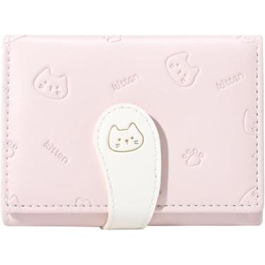 Imagem de Carteira pequena de couro PU dobrável com porta-cartões de identidade para mulheres, rosa, Gato fofo