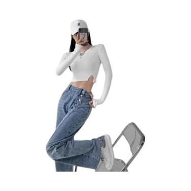 Imagem de Calça jeans feminina de cintura alta, ajuste solto, perna reta, drapea