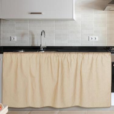 Imagem de VitalCozy Cortinas de armário 71 cm L x 129,5 cm C Saia de pia para banheiro cozinha cortinas de armário listras marrons para sala de aula, casa de fazenda, cortina rústica sob a mesa cortina de