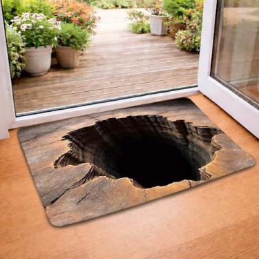 Imagem de Tapete de ilusão de ótica 3D com orifício sem fundo, tapete de porta frontal para entrada interna e externa, capacho de ilusão visual antiderrapante para quarto, sala de estar, marrom, 40 x 61 cm
