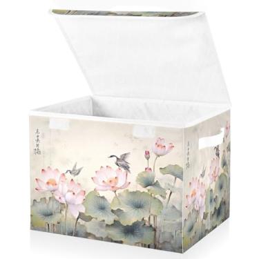 Imagem de Blueangle Cestos de armazenamento florais de beija-flores chineses com tampas, 42 x 32 x 30 cm, cesta organizadora grande dobrável para decoração de escritório e armário (341)