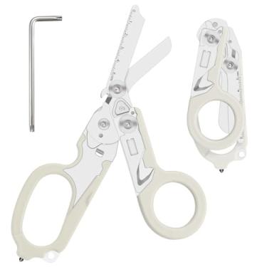 Imagem de Tesoura de trauma 6 em 1, tesoura de emergência dobrável, ferramentas de acampamento ao ar livre, cortador de cinto de segurança, chave de cilindro de oxigênio, chave ajustável de cortesia (prata