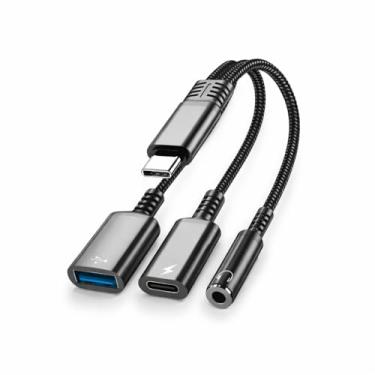 Imagem de Mizi Adaptador USB C 3 em 1 para conector de fone de ouvido e carregador, carregamento rápido PD de 60 W e hub USB A, compatível com iPhone 15/16/17 Pro/Max, Galaxy, iPad Pro, MacBook, Pixel - Preto
