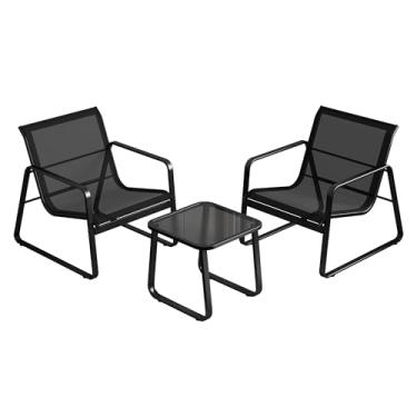 Imagem de Kasinali Conjunto de 3 peças de móveis de bistrô para pátio, conjunto compacto para conversas ao ar livre com 2 cadeiras e mesa de vidro, ideal para varanda, pátio de apartamentos, varanda, quintal