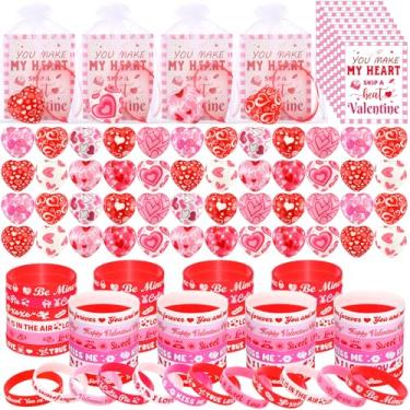 Imagem de Skylety 48 Sets Valentine's Day Heart Stress Ball and Rubber Bracelets with Card Set, Mini Heart Shaped Stress Relief Fidget Silicone Wristbands for Valentine Party Favors Exchange Gifts