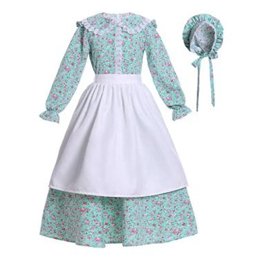 Imagem de Vibsion Fantasia De Pioneira Para Meninas, Vestido Peregrina, Floral Crianças, Vila Colonial, Conjunto Avental E Touca Verde
