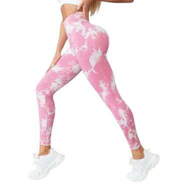 Imagem de tincolia Meia-calça feminina de ioga moderna tie dye, sem costura, alta elasticidade, controle de barriga, calça de corrida - rosa - P