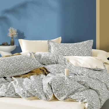 Imagem de ALEISSEL Capa de edredom 100% algodão tamanho Queen 3 peças - Design elegante com ramos botânicos brancos em cinza macio, costas bege reversível, fecho de botão, conjuntos de cama vintage luxuosos
