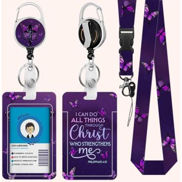 Imagem de Porta-crachá cristão com cordão, suporte roxo para crachá de identificação cristã com clipe retrátil e chaveiro, capa protetora vertical para cartão de identidade para enfermeira e professora