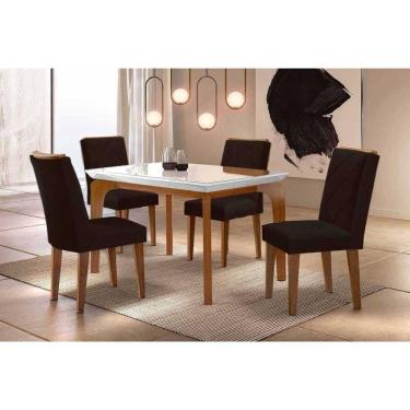 Imagem de Sala Jantar Mesa Londrina Tampo c/ Vidro Curvo 120cm 4 Cadeiras Pietá Madeira Naturale/Off White - Capuccino/Suede Marrom - Rufato