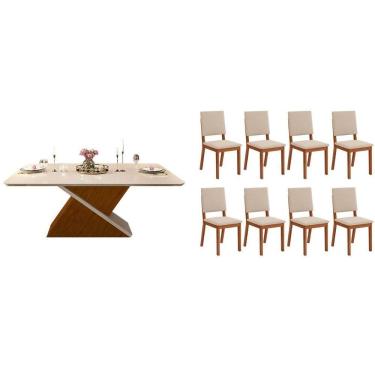 Imagem de Sala de Jantar Completa Zafira c/ Tampo Madeirado c/ Vidro Curvo 200x100cm e 8 Cadeiras Talia Freijo/Off White - Suede Creme - DJ Móveis