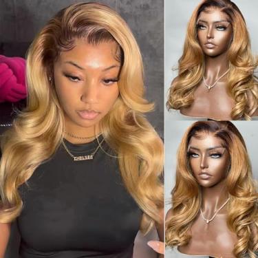Imagem de Peruca frontal loira longa de cabelo humano 33 x 15 cm HD transparente 4/27 com destaque ombré perucas de cabelo humano pré-arrancado com cabelo de bebê, sem cola, ondulado, perucas de cabelo humano
