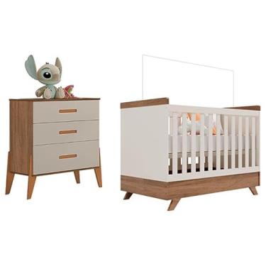 Imagem de Berço Americano Retro Vitória com Cômoda Gaveteiro Infantil Emilly Off White Carvalho - Canaã