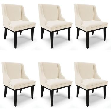 Imagem de Kit 6 Cadeiras Estofadas Para Sala De Jantar Base Fixa De Madeira Preto Lia Linho Bege - Ibiza