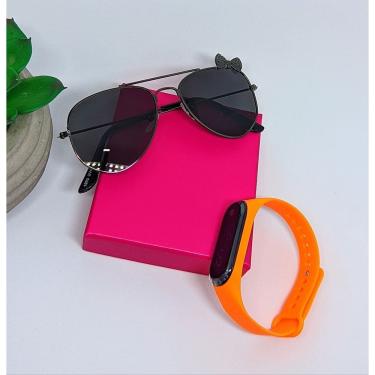 Imagem de Kit Relógio Led Infantil Band Bracelete Silicone Menina + Óculos de Sol Aviador Lacinho Flexível aço Proteção Uv400