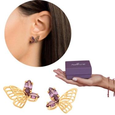 Imagem de Brinco Borboleta Rommanel Zircônia Lilás Banhado Ouro 18k 527074