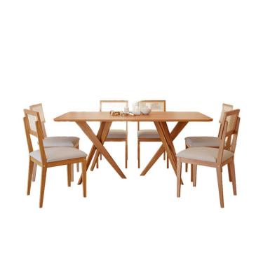 Imagem de Conjunto de Mesa Retangular com Tampo MDF Cacau e 6 Cadeiras Palmas Linho Bege e Cinamomo