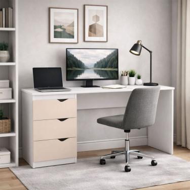 Imagem de Mesa Escrivaninha Porto 3 Gavetas 40250685 Creme/Branco - Politorno